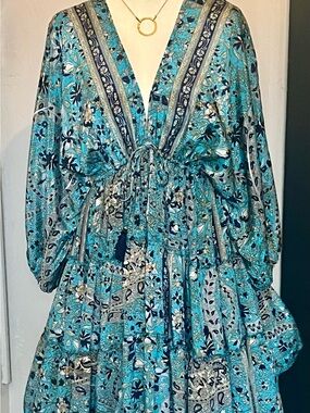 Boho Coastal Floral Paisley Deep V Tie-Back Kaftan Dress India Blues